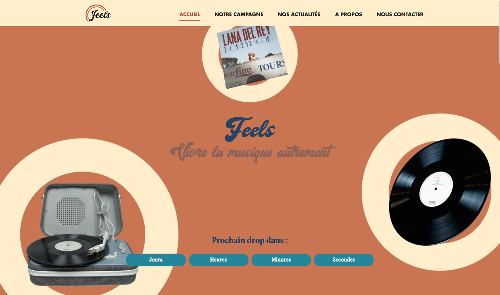 Visuel du site réalisé dans le cadre d'un projet scolaire et nécessitant un travail d'équipe pour la réalisation de la promotion complète d'un produit vintage remis au gout du jour