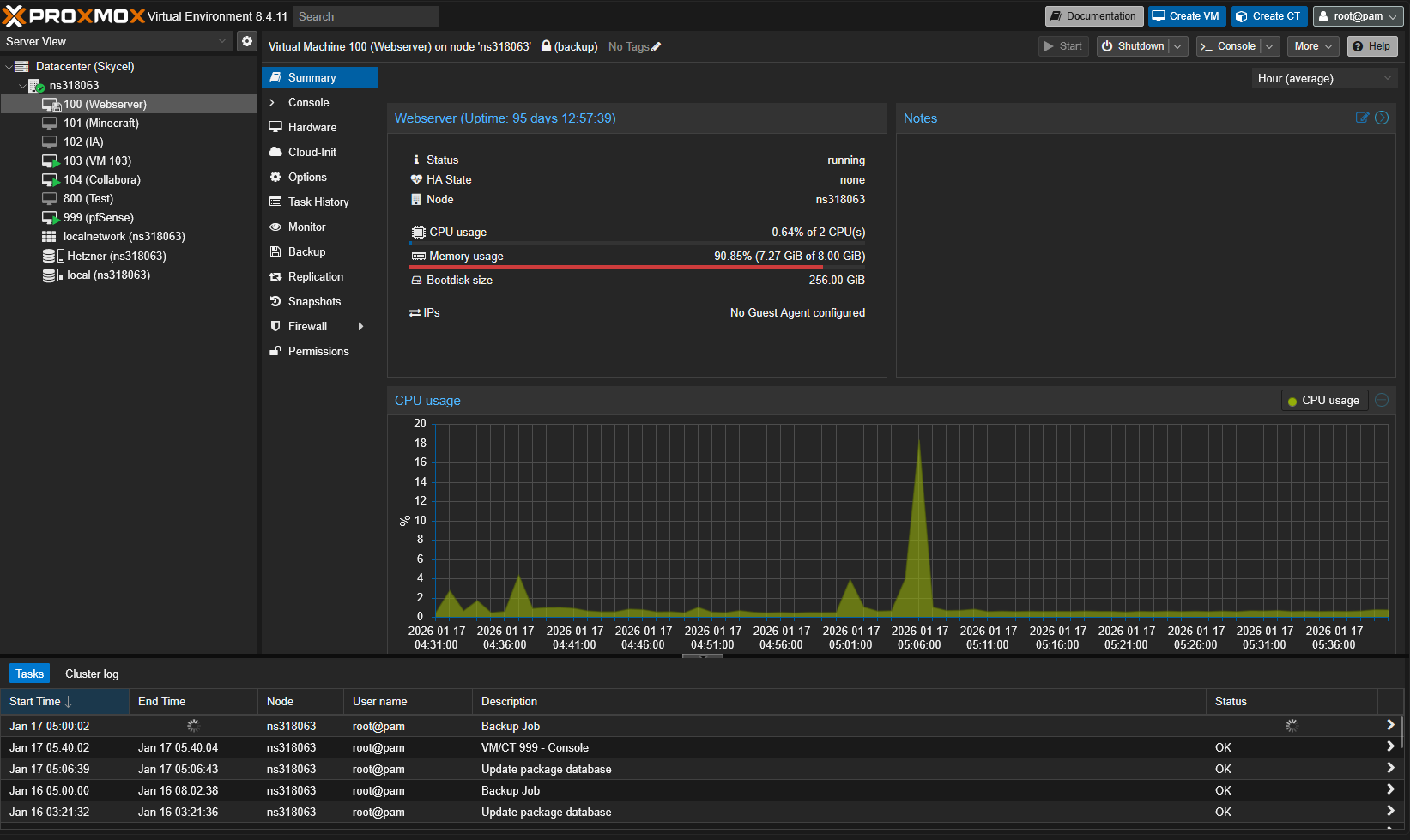 Screenshot de l'hyperviseur de machine virtuelle, Proxmox. Utilisé pour la création d'une architecture réseau pour l'hébergement des projets clients.